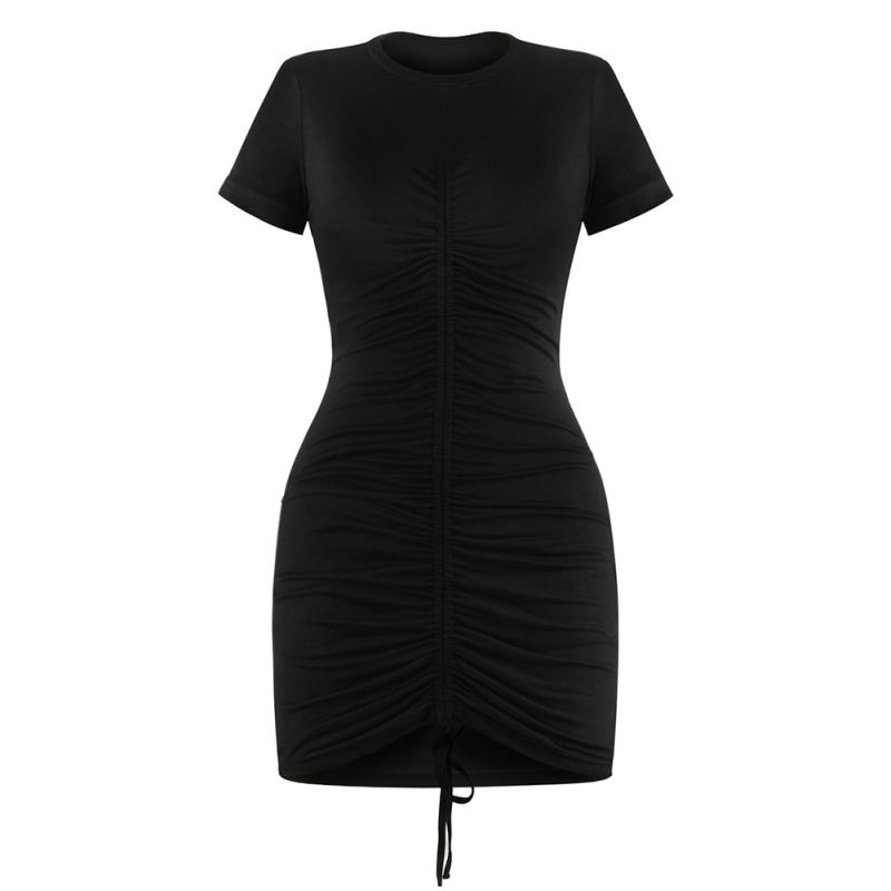 Black Short Sleeve Drawstring Bodycon T-Shirt Dress TQK311016-2