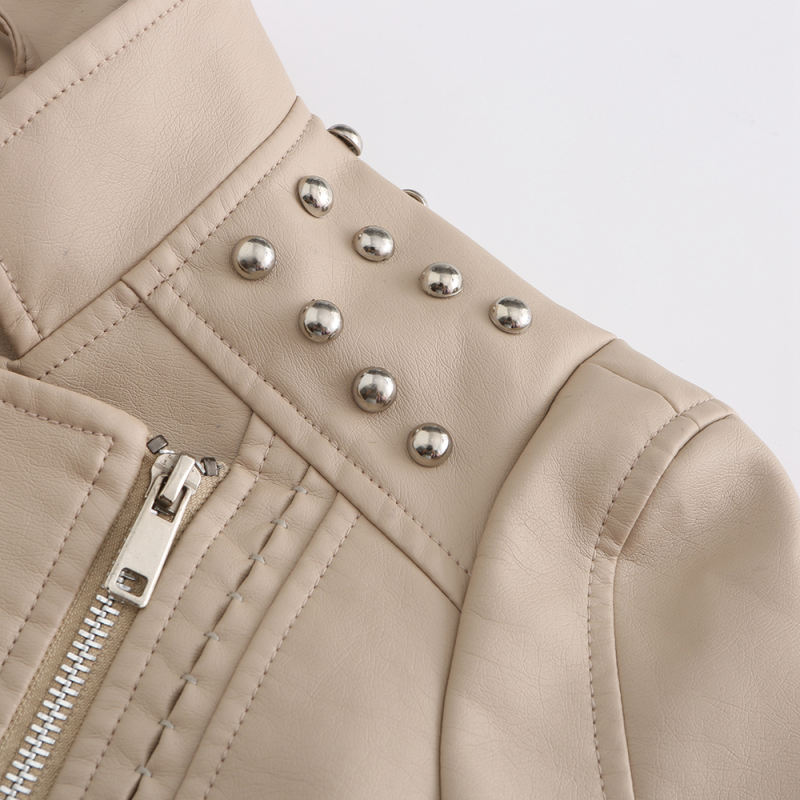 Beige Rivet Decoration Turndown Collar PU Leather Jacket TQK280137-46