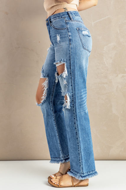 Sky Blue Distressed Holes Hollow-out Boyfriend Jeans LC783885-4