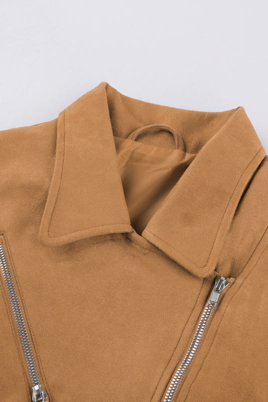 Brown Zipped Notch Collar Short Jacket LC85294-17