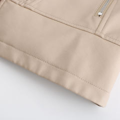 Beige Rivet Decoration Turndown Collar PU Leather Jacket TQK280137-46