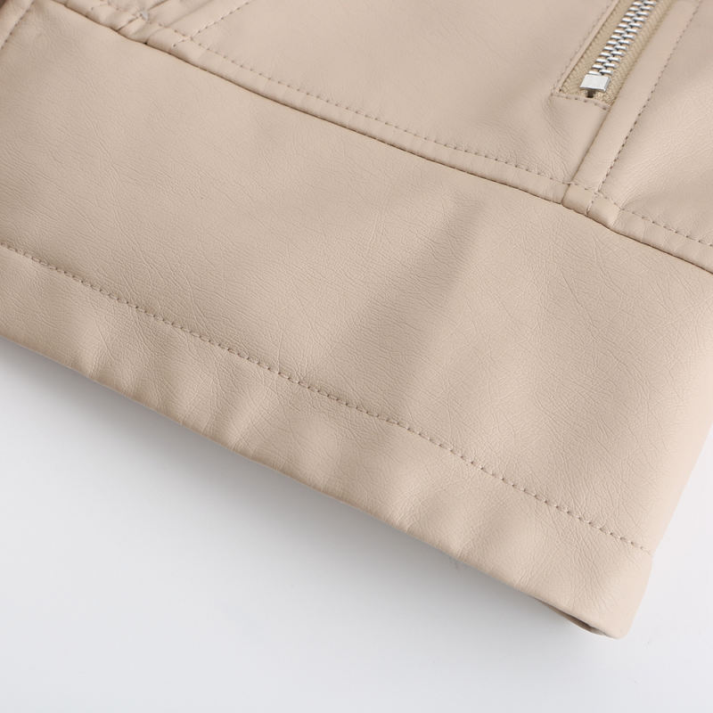 Beige Rivet Decoration Turndown Collar PU Leather Jacket TQK280137-46