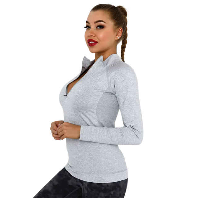 Light Gray Quick Dry Zipper Knit Tight Yoga Tops TQE91363-112