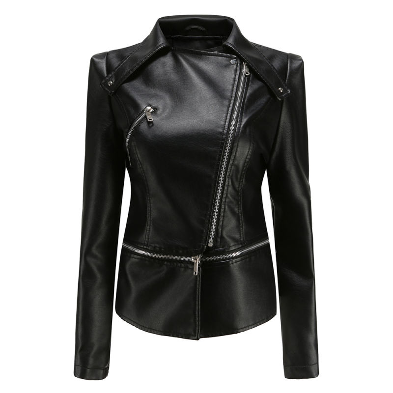 Black Removable Hem Leather PU Leather Jacket TQK280125-2