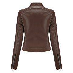 Coffee PU Stand Collar Short Leather Jacket TQK280124-15
