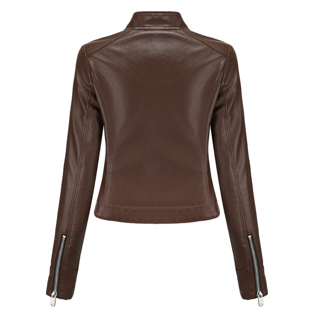 Coffee PU Stand Collar Short Leather Jacket TQK280124-15