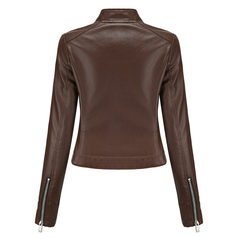 Coffee PU Stand Collar Short Leather Jacket TQK280124-15