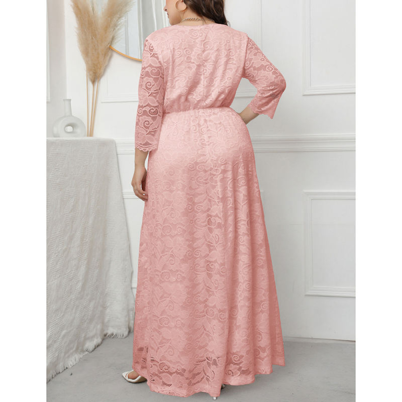 Pink V Neck Lace Plus Size Evening Dress TQV310004-10