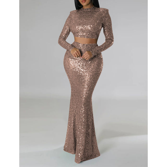 Champagne Sequined Crop Top with Fishtail Skirt Set TQV810034-53