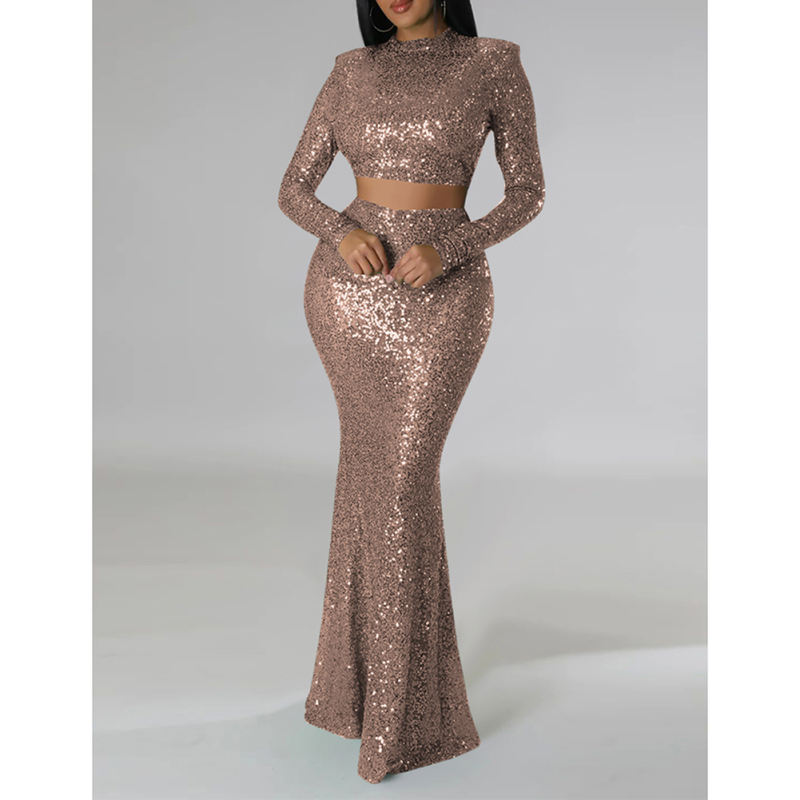 Champagne Sequined Crop Top with Fishtail Skirt Set TQV810034-53