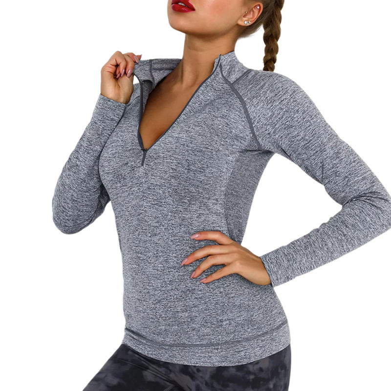 Dark Gray Quick Dry Zipper Knit Tight Yoga Tops TQE91363-23