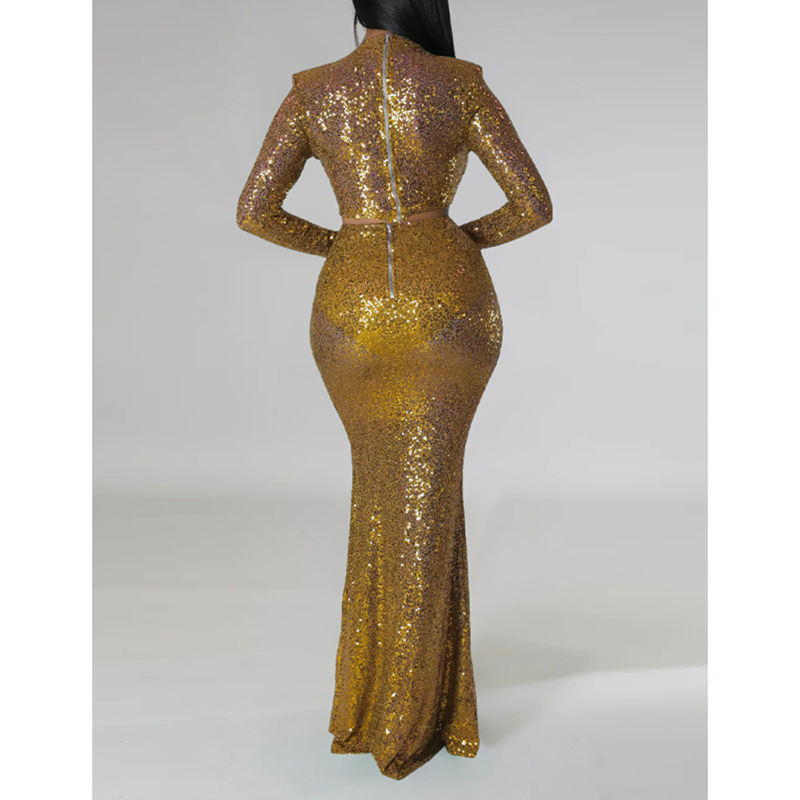 Gold Sequined Crop Top with Fishtail Skirt Set TQV810034-12
