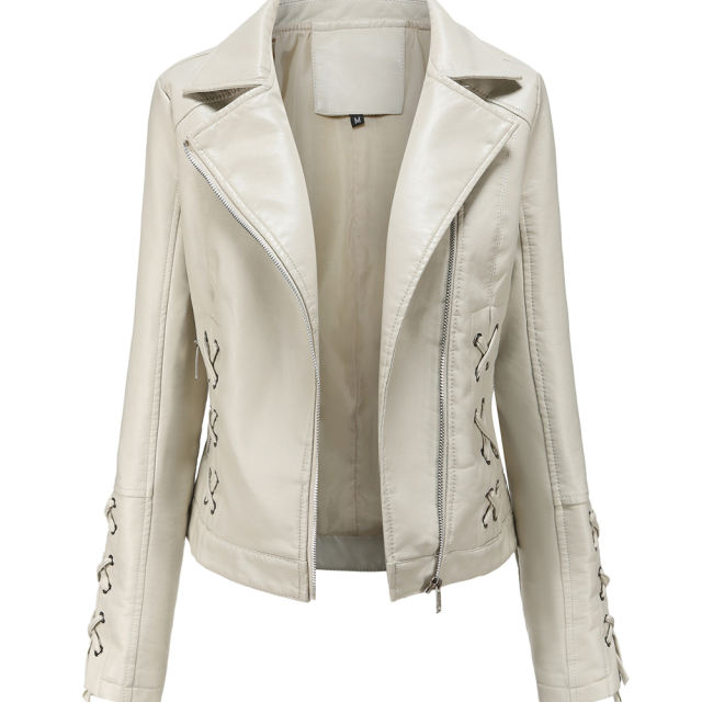 Beige Zipper &amp; Bandage PU Leather Jacket TQK280142-46
