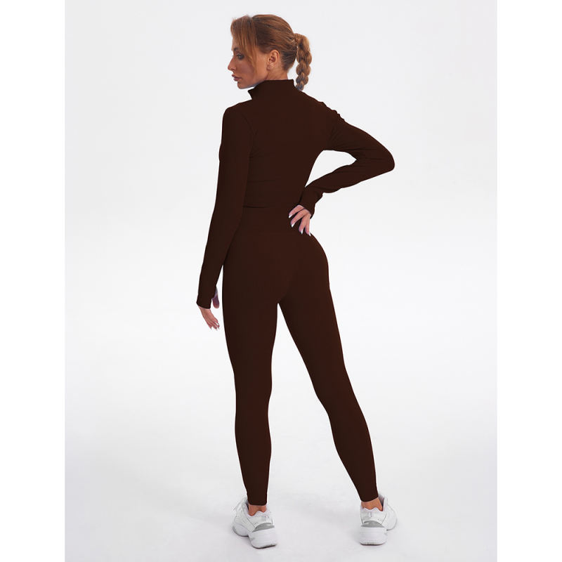Coffee Seamless Stand Collar Jacket with Pant Yoga Set TQK710415-15
