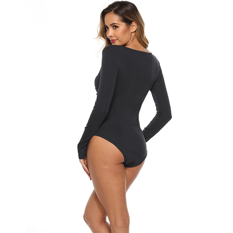 Black V Neck Long Sleeve Bodysuit TQK550147-2