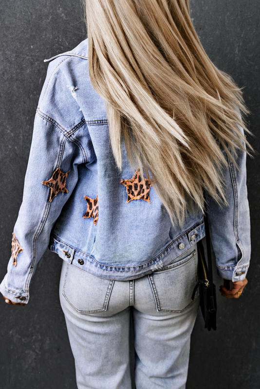 Sky Blue Leopard Star Distressed Cropped Denim Jacket LC788175-4