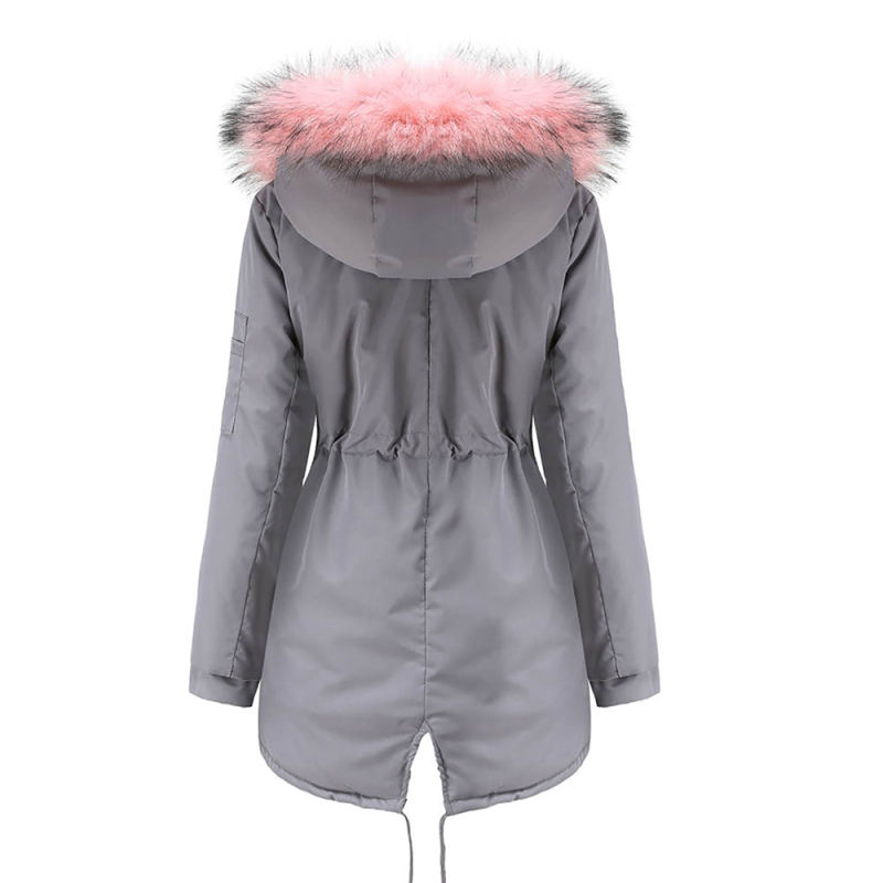 Gray Fur Collar Drawstring Waist Warm Hooded Parka Coat TQK280130-11