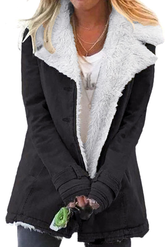 Black Lapel Collar Button Fleece Jacket LC8511336-2