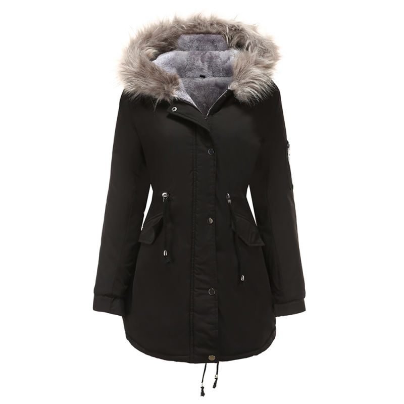 Black Fur Collar Drawstring Waist Warm Hooded Parka Coat TQK280130-2A