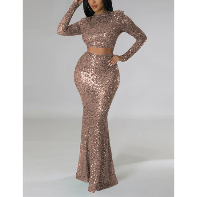 Champagne Sequined Crop Top with Fishtail Skirt Set TQV810034-53