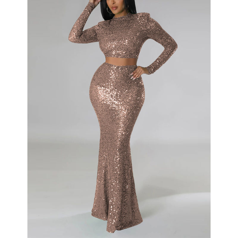 Champagne Sequined Crop Top with Fishtail Skirt Set TQV810034-53