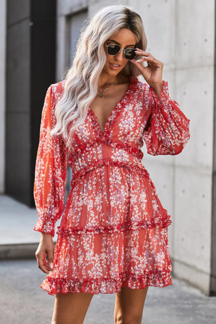 Red Ruffle Detailing Open Back Floral Dress LC220829-103