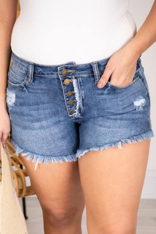 Plus Size Frayed Button Fly Denim Shorts with Slits  LC783457-4