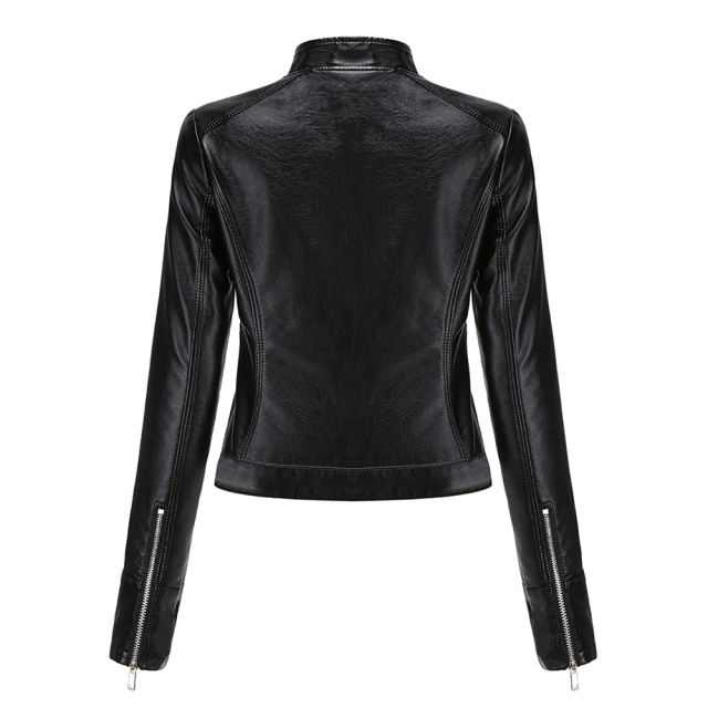 Black PU Stand Collar Short Leather Jacket TQK280124-2