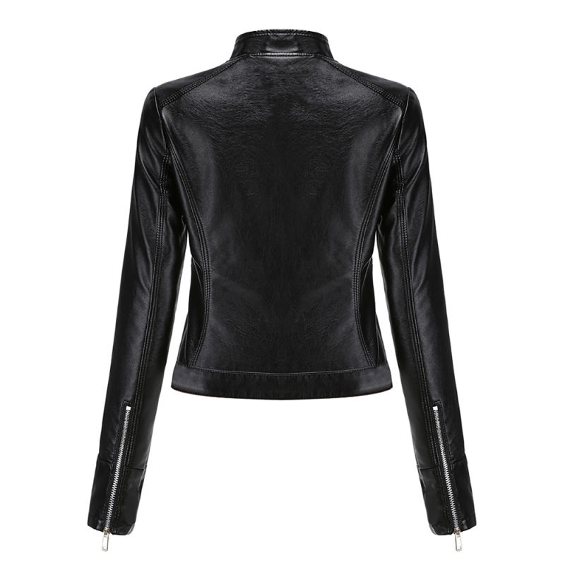 Black PU Stand Collar Short Leather Jacket TQK280124-2