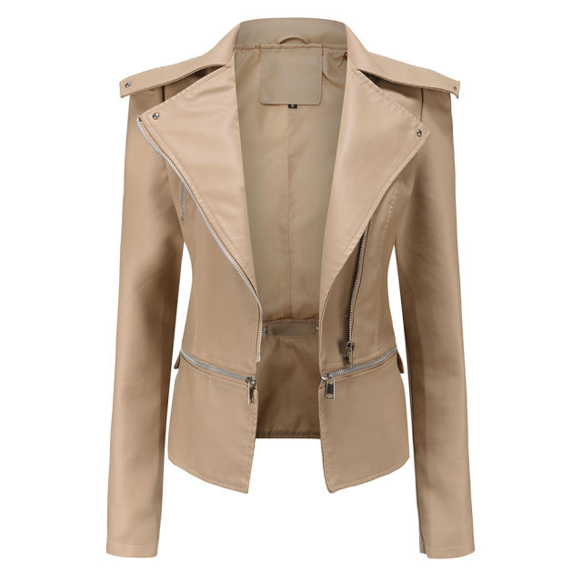 Apricot Removable Hem Leather PU Leather Jacket TQK280125-15