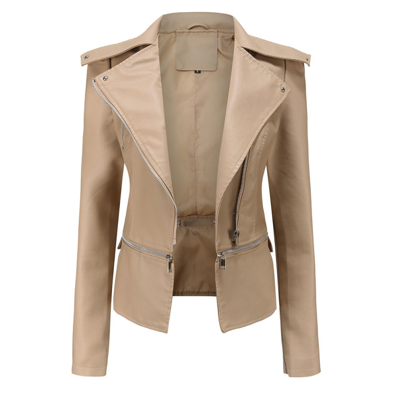 Apricot Removable Hem Leather PU Leather Jacket TQK280125-15