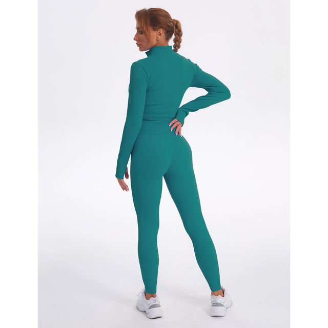 Aquamarine Seamless Stand Collar Jacket with Pant Yoga Set TQK710415-45