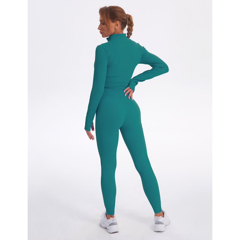 Aquamarine Seamless Stand Collar Jacket with Pant Yoga Set TQK710415-45