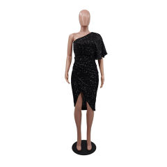 Black One Shoulder Sequin Split Evening Dress TQK310820-2