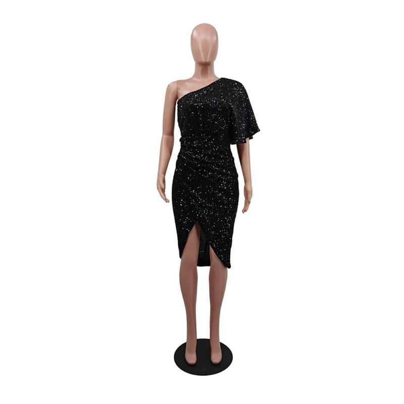 Black One Shoulder Sequin Split Evening Dress TQK310820-2