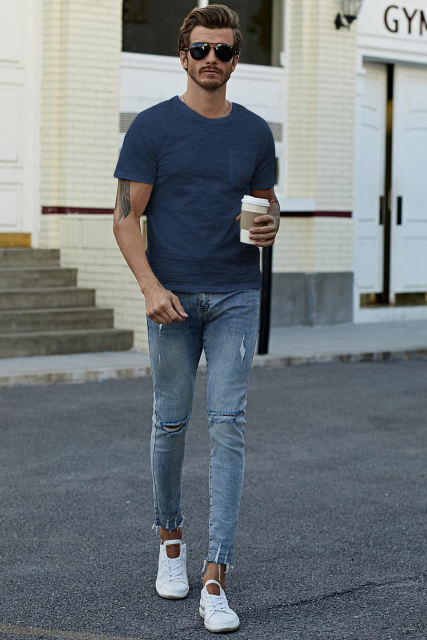 Blue Solid Color Short Sleeve Men\'s T-shirt MC252718-5