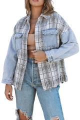 Sky Blue Plaid Patchwork Fringed Flap Pockets Denim Jacket LC854131-4