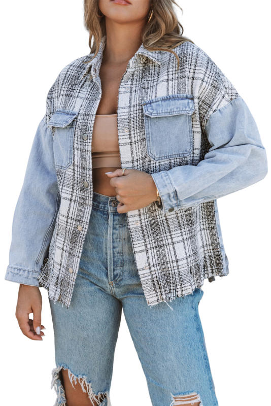Sky Blue Plaid Patchwork Fringed Flap Pockets Denim Jacket LC854131-4