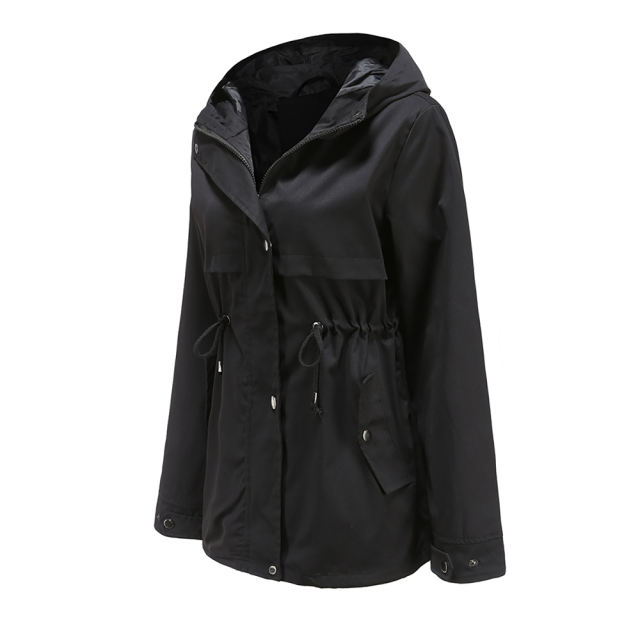 Black Waist Drawstring Hooded Outdoor Rainproof Coat TQK280126-2