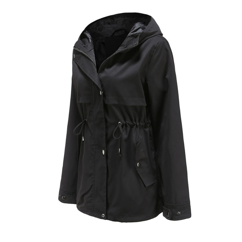 Black Waist Drawstring Hooded Outdoor Rainproof Coat TQK280126-2