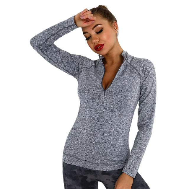 Dark Gray Quick Dry Zipper Knit Tight Yoga Tops TQE91363-23