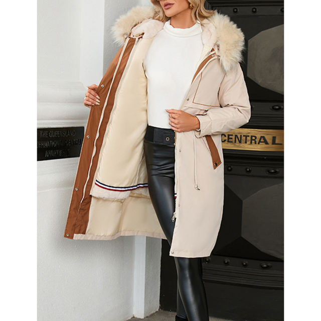 Apricot Zipper Plush Collar Parker Thick Coat 2pcs Set  TQK280219-18