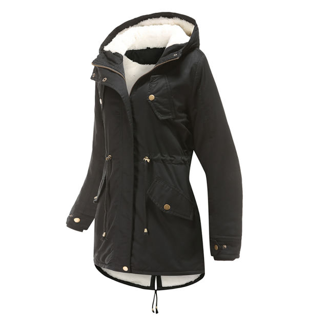 Black Waist Drawstring Plush Hooded Thick Parka Coat TQK280127-2