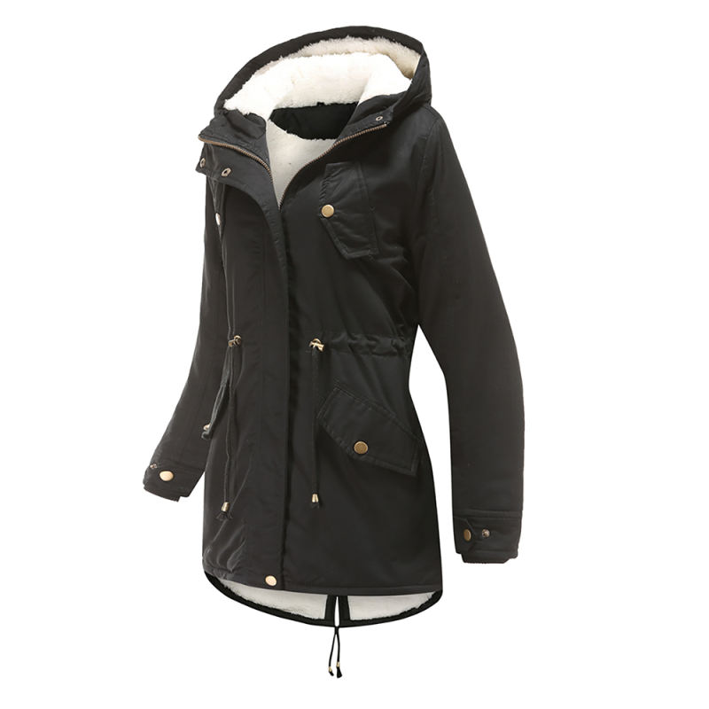 Black Waist Drawstring Plush Hooded Thick Parka Coat TQK280127-2