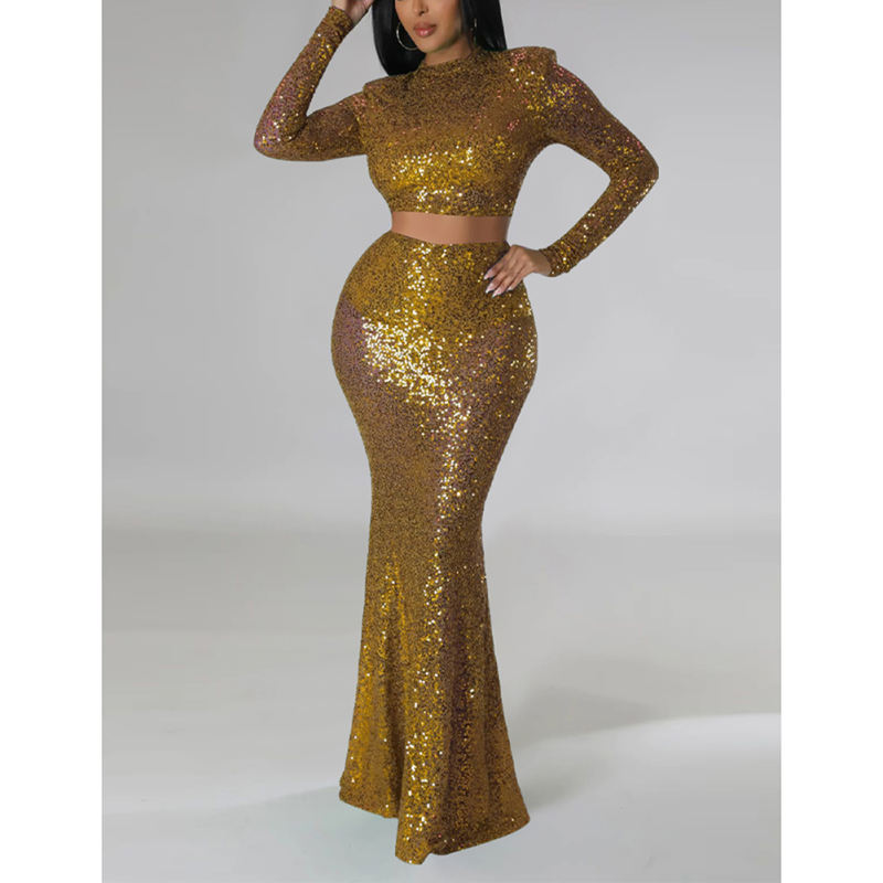 Gold Sequined Crop Top with Fishtail Skirt Set TQV810034-12
