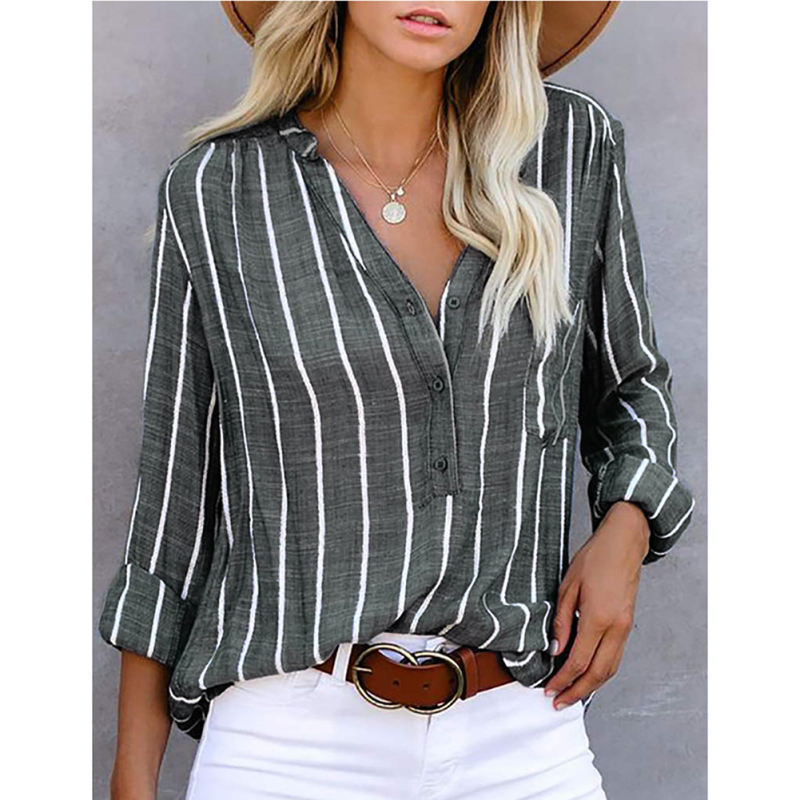 Gray Button Down Striped Shirt with Pocket TQV220037-11