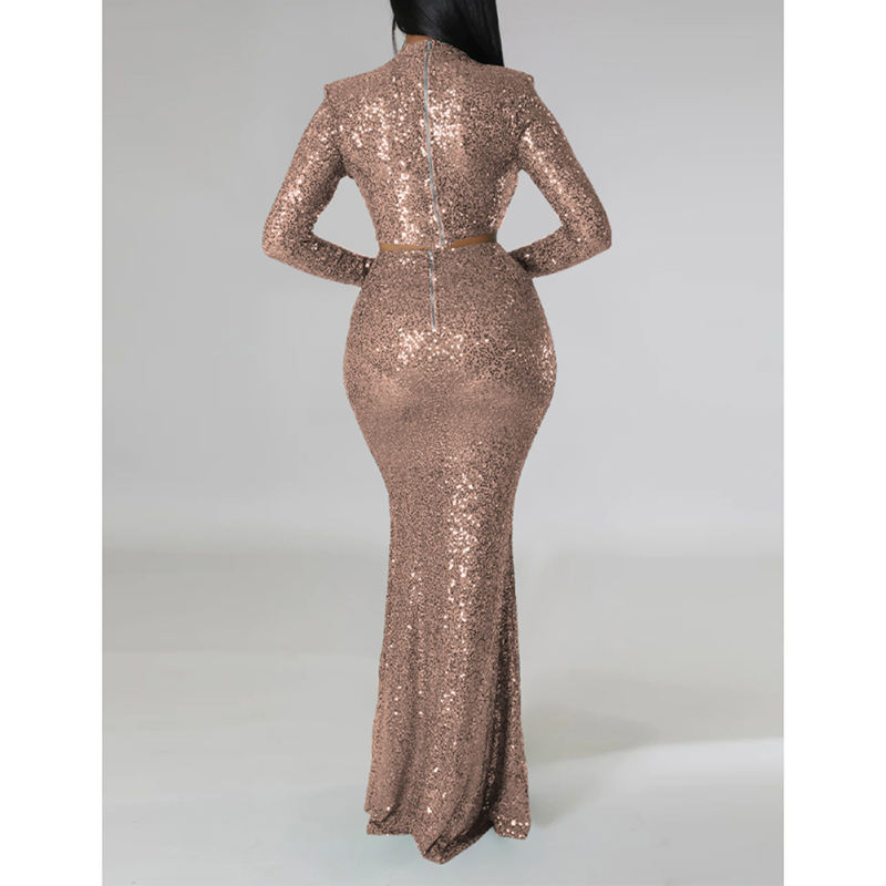 Champagne Sequined Crop Top with Fishtail Skirt Set TQV810034-53