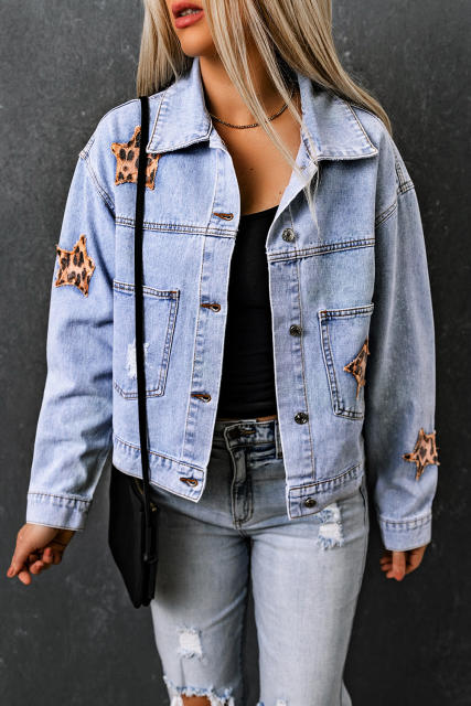Sky Blue Leopard Star Distressed Cropped Denim Jacket LC788175-4