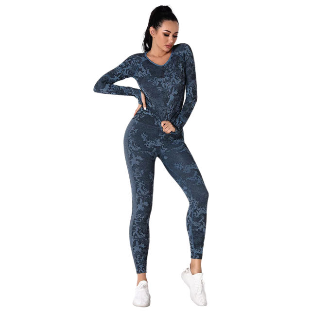 Blue Camo Knit Seamless Long Sleeve Pant Yoga Set TQE91362-5