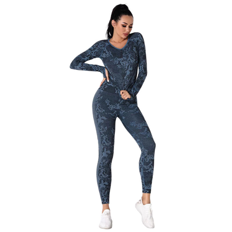 Blue Camo Knit Seamless Long Sleeve Pant Yoga Set TQE91362-5